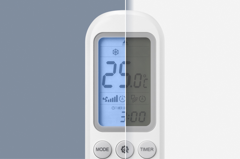 Wyświetlacz LCD z podświetleniem w pilocie URC1045 widoczny w dzień i w nocy